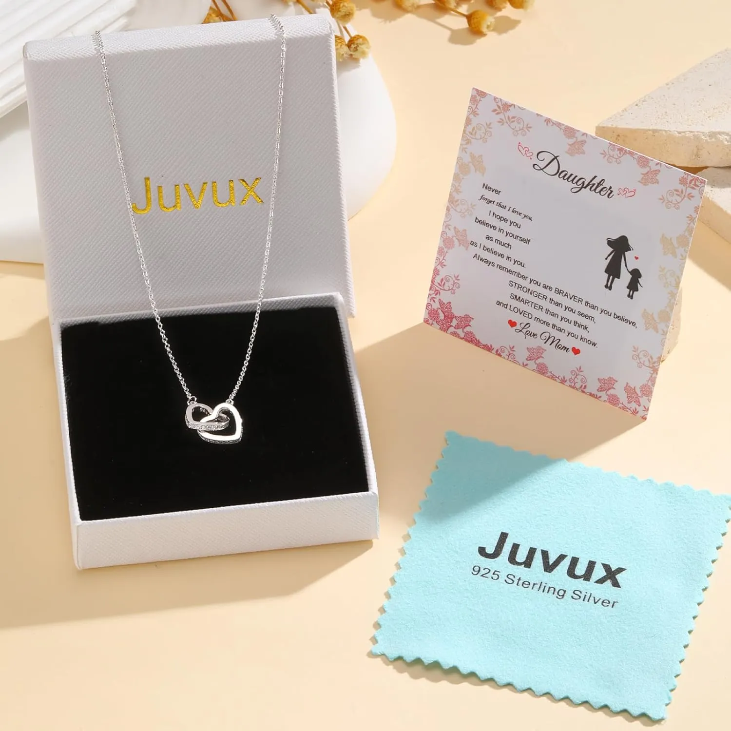 Daughter Necklace Gift from Dad Mom - 925 Sterling Silver Love Heart Pendant Necklace in Rose Gold with Message Card, Jewelry Gift from Mommy on Birthday,Graduation for Women, Teen Girls