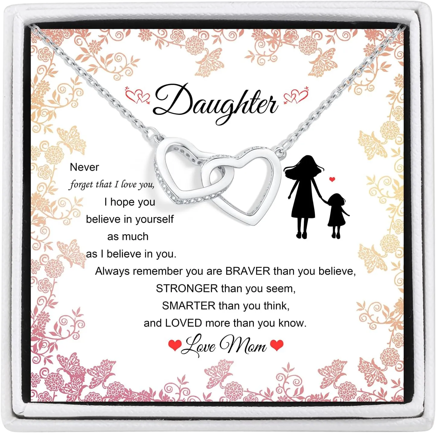 Daughter Necklace Gift from Dad Mom - 925 Sterling Silver Love Heart Pendant Necklace in Rose Gold with Message Card, Jewelry Gift from Mommy on Birthday,Graduation for Women, Teen Girls