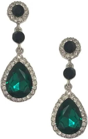 Deco Retro Vintage Style Hunter Emerald Dark Green Halo Pear Formal Wedding Bridal Prom Rhinestone Earrings