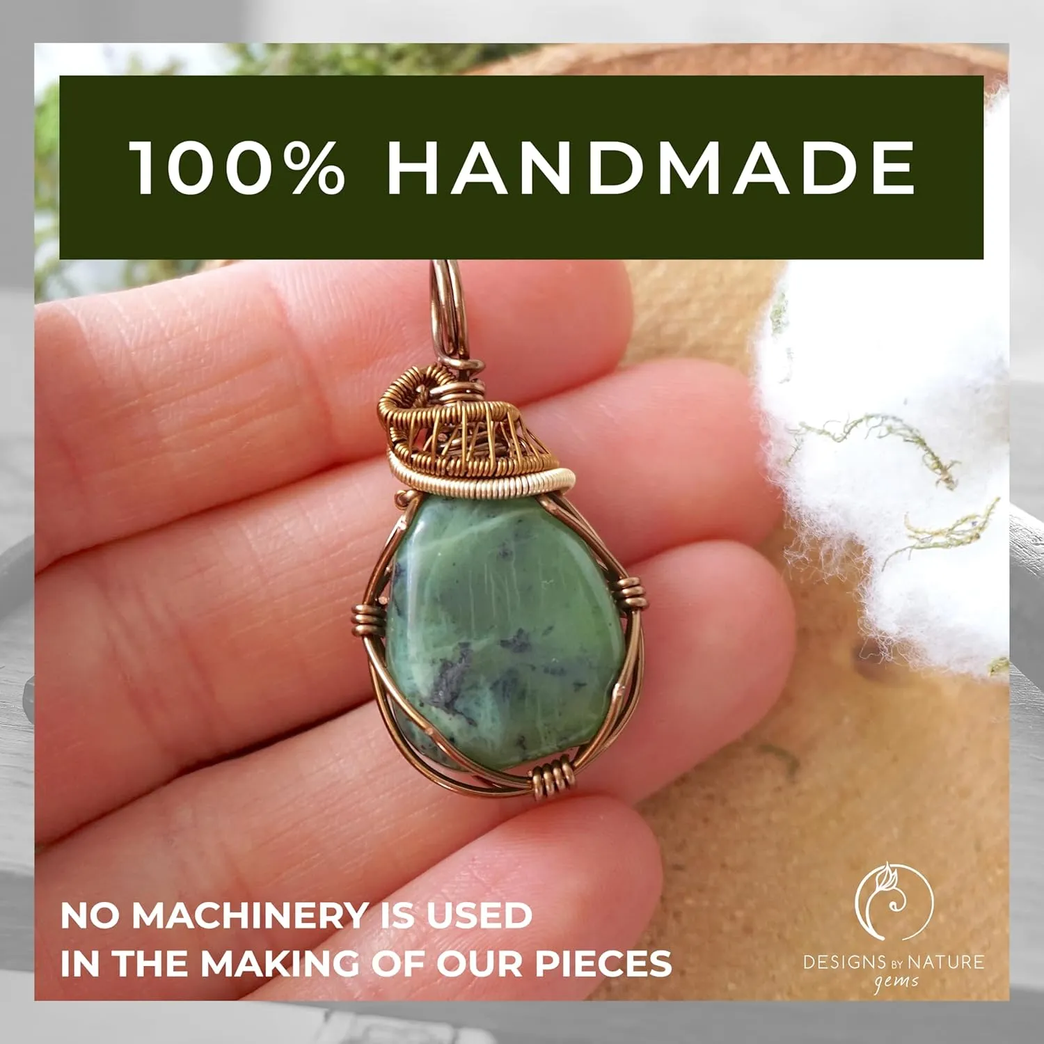 Designs by Nature Gems Handmade Wire Wrapped Unisex Jade Crystal Necklace 24 Inch Chain Antique Bronze, March Birthstone, Wire Wrapping Jewelry, Comes with a Gift Box
