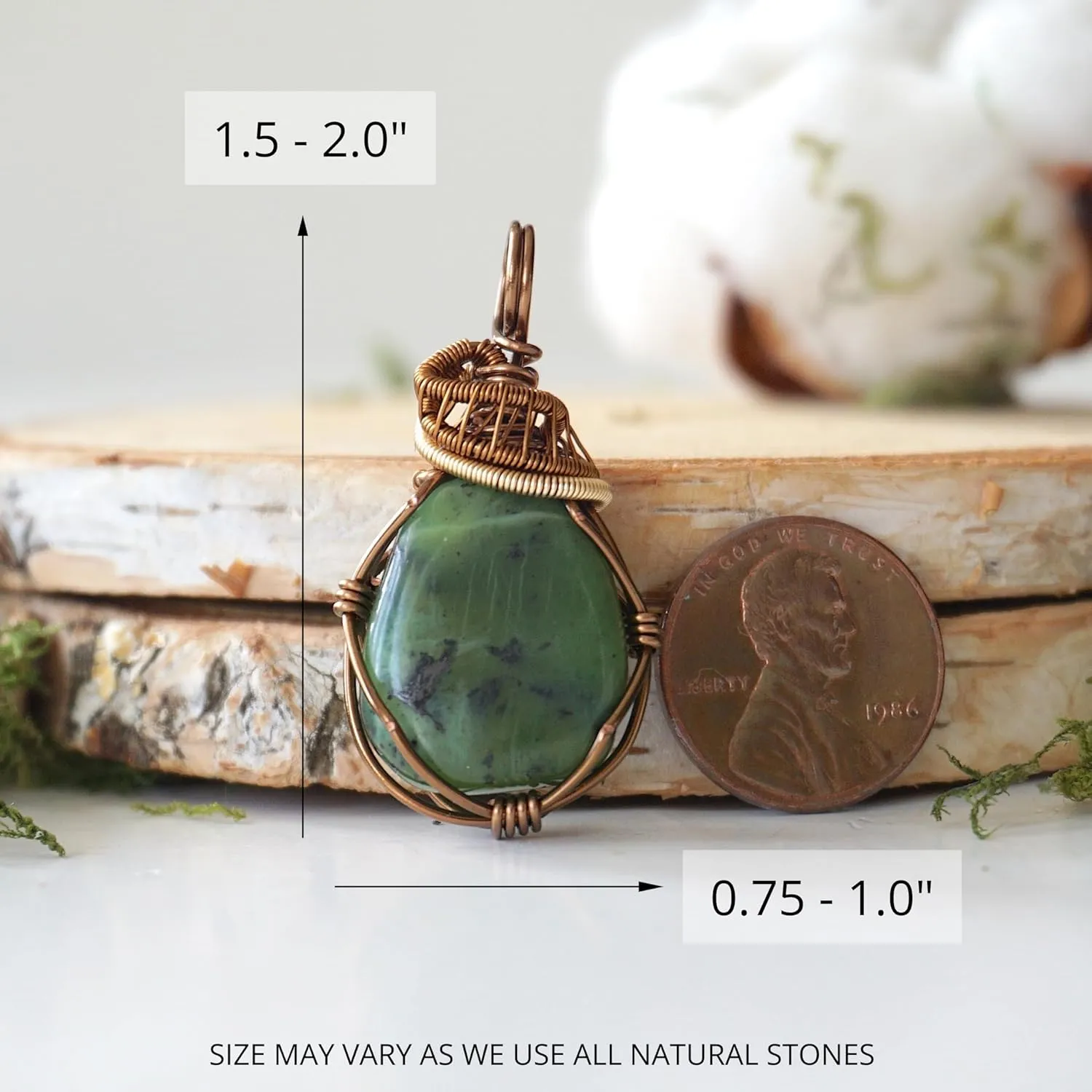 Designs by Nature Gems Handmade Wire Wrapped Unisex Jade Crystal Necklace 24 Inch Chain Antique Bronze, March Birthstone, Wire Wrapping Jewelry, Comes with a Gift Box