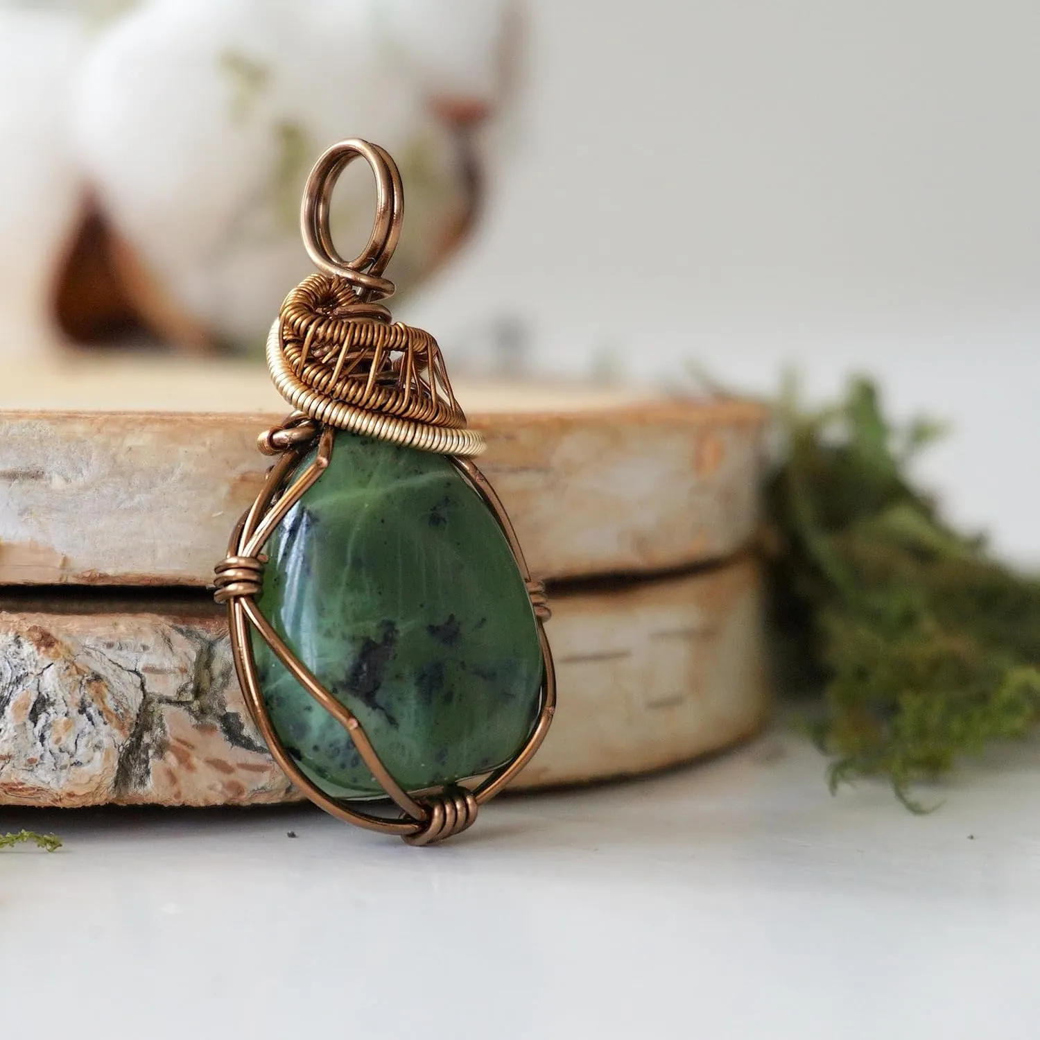 Designs by Nature Gems Handmade Wire Wrapped Unisex Jade Crystal Necklace 24 Inch Chain Antique Bronze, March Birthstone, Wire Wrapping Jewelry, Comes with a Gift Box