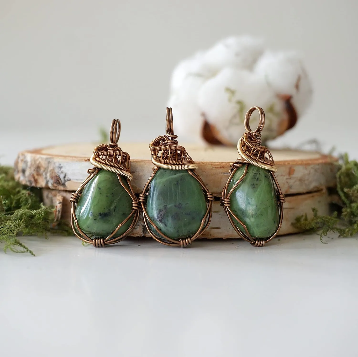 Designs by Nature Gems Handmade Wire Wrapped Unisex Jade Crystal Necklace 24 Inch Chain Antique Bronze, March Birthstone, Wire Wrapping Jewelry, Comes with a Gift Box