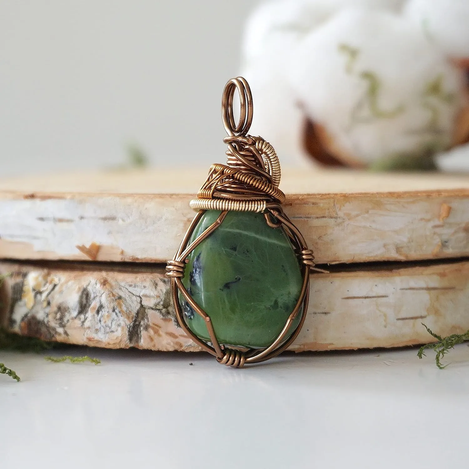 Designs by Nature Gems Handmade Wire Wrapped Unisex Jade Crystal Necklace 24 Inch Chain Antique Bronze, March Birthstone, Wire Wrapping Jewelry, Comes with a Gift Box
