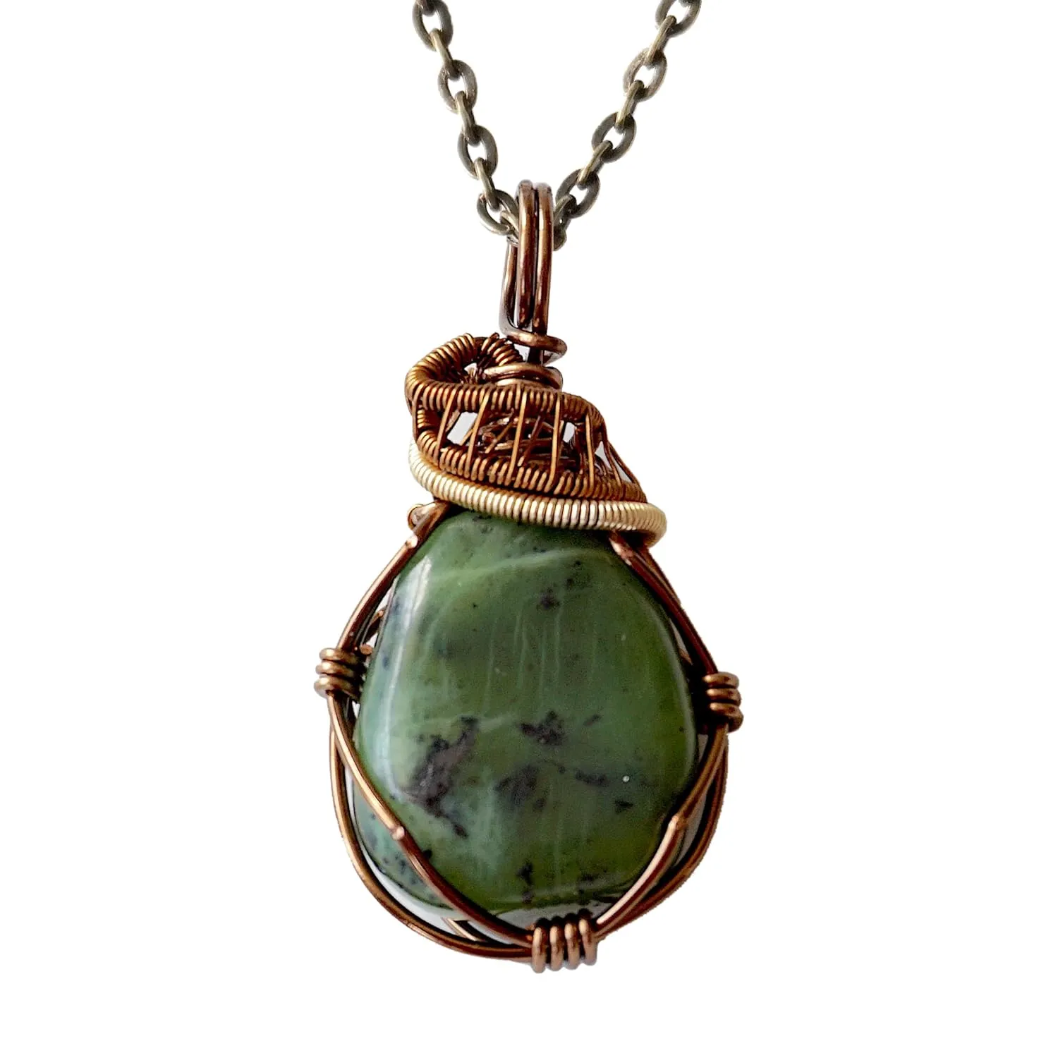 Designs by Nature Gems Handmade Wire Wrapped Unisex Jade Crystal Necklace 24 Inch Chain Antique Bronze, March Birthstone, Wire Wrapping Jewelry, Comes with a Gift Box