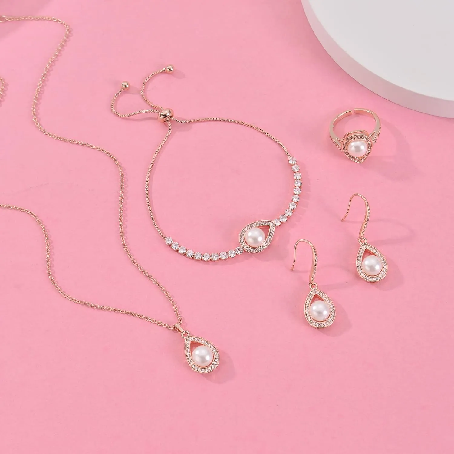 DHQH 4PCS Wedding Jewelry for Bridesmaid Cubic Zirconia Teardrop Necklace Earrings Bracelet Ring Set Bridesmaid Jewelry Set for Women Party Jewelrys Gift