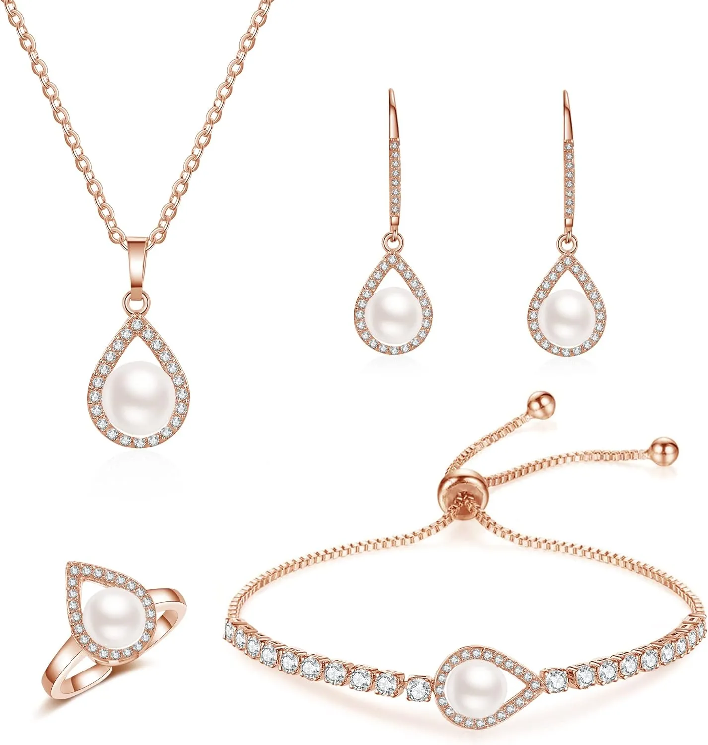 DHQH 4PCS Wedding Jewelry for Bridesmaid Cubic Zirconia Teardrop Necklace Earrings Bracelet Ring Set Bridesmaid Jewelry Set for Women Party Jewelrys Gift