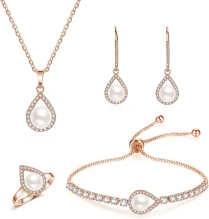 DHQH 4PCS Wedding Jewelry for Bridesmaid Cubic Zirconia Teardrop Necklace Earrings Bracelet Ring Set Bridesmaid Jewelry Set for Women Party Jewelrys Gift
