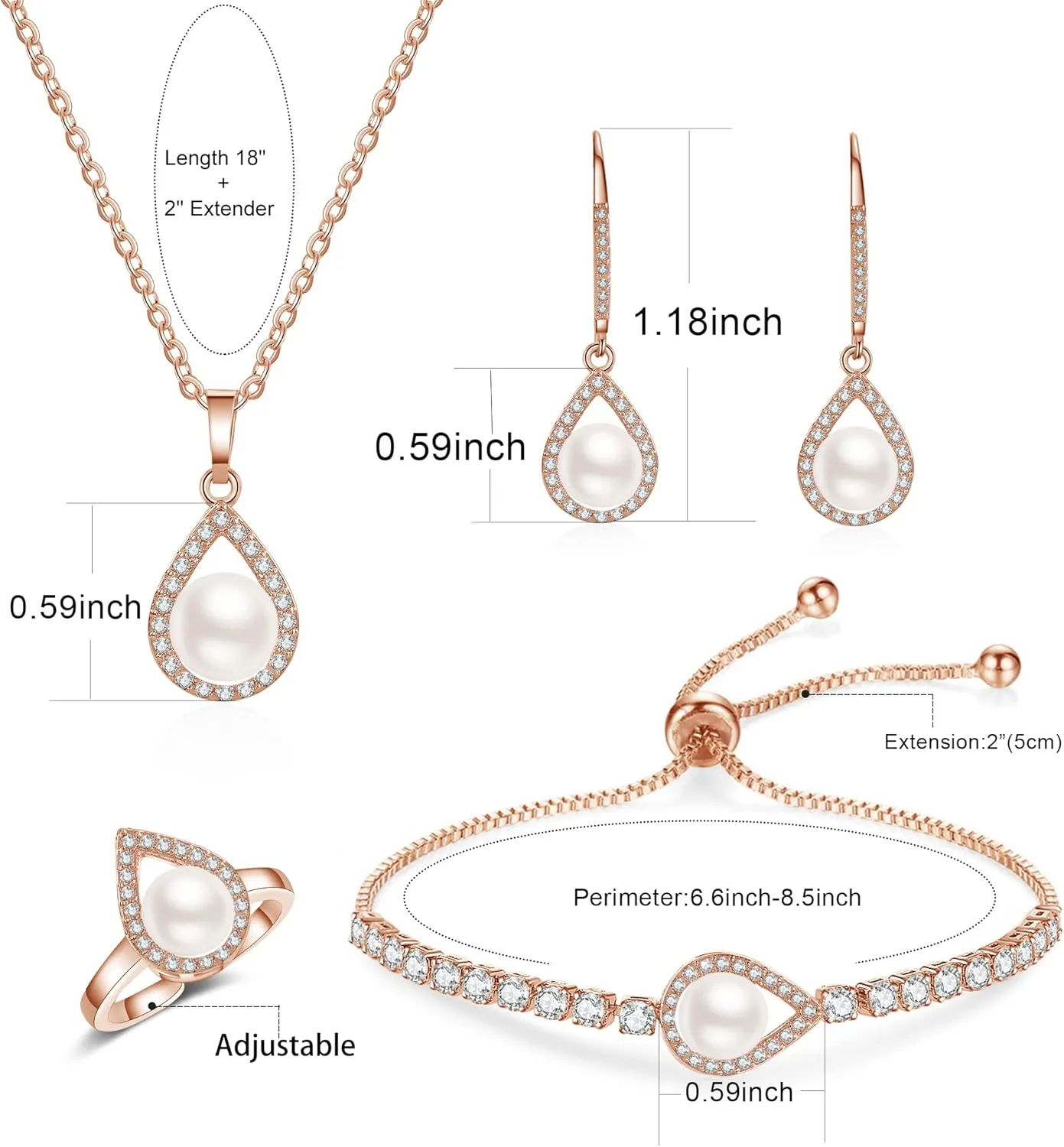 DHQH 4PCS Wedding Jewelry for Bridesmaid Cubic Zirconia Teardrop Necklace Earrings Bracelet Ring Set Bridesmaid Jewelry Set for Women Party Jewelrys Gift