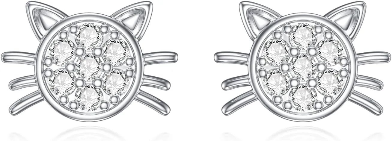 Diamond Cat Earrings for Women 925 Sterling Silver Cat Stud Earrings with Lab Grown Diamonds Jewelry Gifts for Mom Wife Girlfriend Daughter Sister Friend