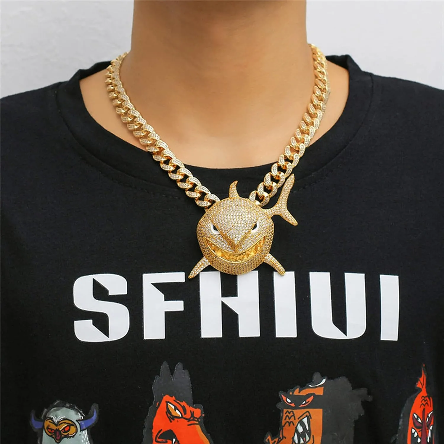 Diamond Necklace Chain, 18K Gold Plated Hip Hop Pendant with Cuban Link Width 13MM Length 19.7in(50cm), Ice Out Jewelry Gifts