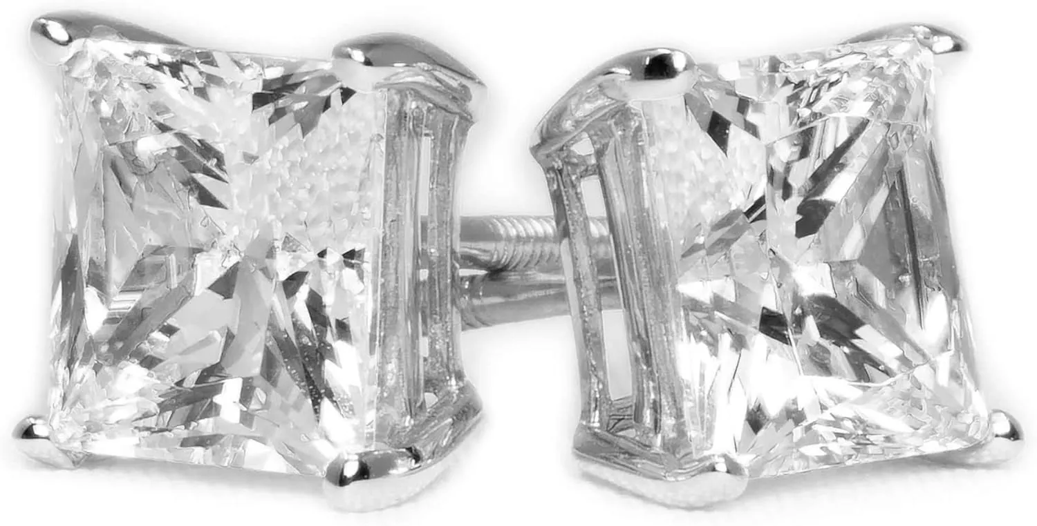 Diamond Studs, Diamond Stud Earrings for Women & Men, 14k White Gold, 2 ct Princess Cut Diamond Earrings, Screw Back Earrings for Men & Women[Simulated Diamond] (Princess)