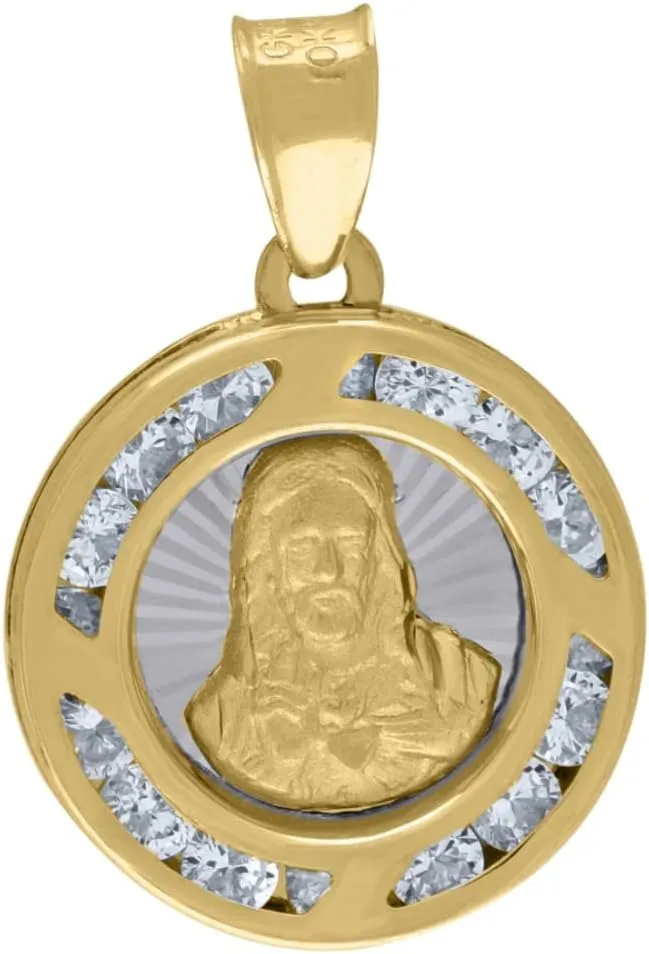 Diamond2Deal 14K Two-Tone Gold Cubic Zirconia Textured Sacred Heart of Jesus Religious Charm Pendant for Mom