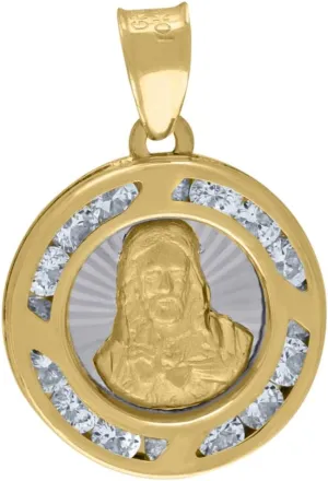 Diamond2Deal 14K Two-Tone Gold Cubic Zirconia Textured Sacred Heart of Jesus Religious Charm Pendant for Mom