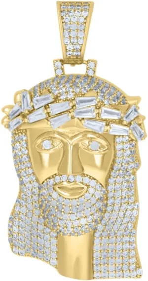Diamond2Deal 925 Sterling Silver Yellow-Tone Baguette Cubic Zirconia Jesus Religious Charm Pendant