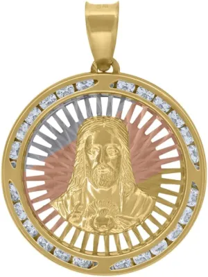 Diamond2Deal Mothers Day Gifts 10k Tri-Color Gold Cubic Zirconia Diamond-Cut Sacred Heart Of Jesus Religious Charm Pendant for Mom