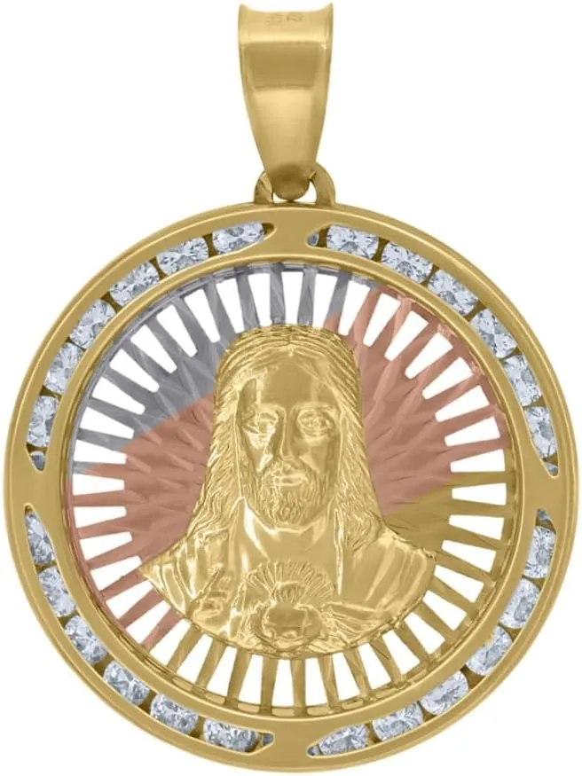 Diamond2Deal Mothers Day Gifts 10k Tri-Color Gold Cubic Zirconia Diamond-Cut Sacred Heart Of Jesus Religious Charm Pendant for Mom