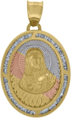 Diamond2Deal Mothers Day Gifts 10k Tri-Color Gold Cubic Zirconia Textured Sacred Heart Of Jesus Religious Charm Pendant for Mom