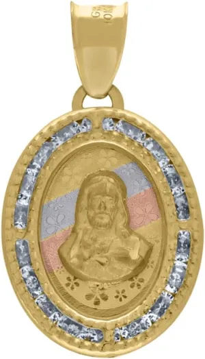 Diamond2Deal Mothers Day Gifts 14K Tri-Color Gold Cubic Zirconia Floral Textured Sacred Heart Of Jesus Religious Oval Charm Pendant for Mom