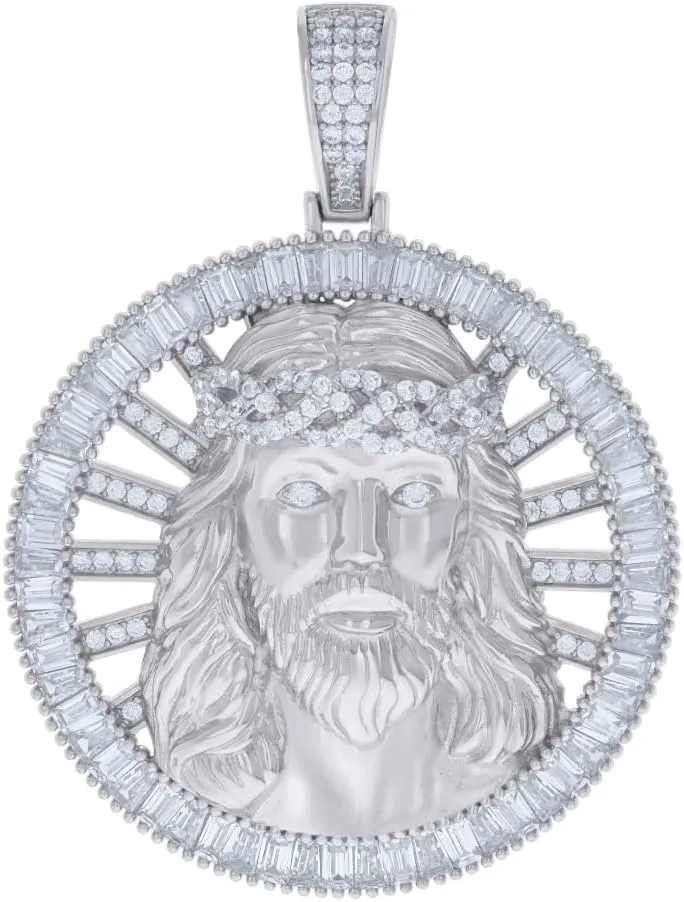 Diamond2Deal Mothers Day Gifts 925 Sterling Silver Baguette Round Cubic Zirconia Medal Pendant for Momlion Jesus Religious Charm Pendant for Mom