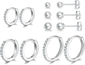 Dlihc Sterling Silver Hoop Earrings Sterling Silver Stud Earrings for Women 6 Pairs Hypoallergenic Tiny Cubic Zirconia Stud Set Cartilage Hoops