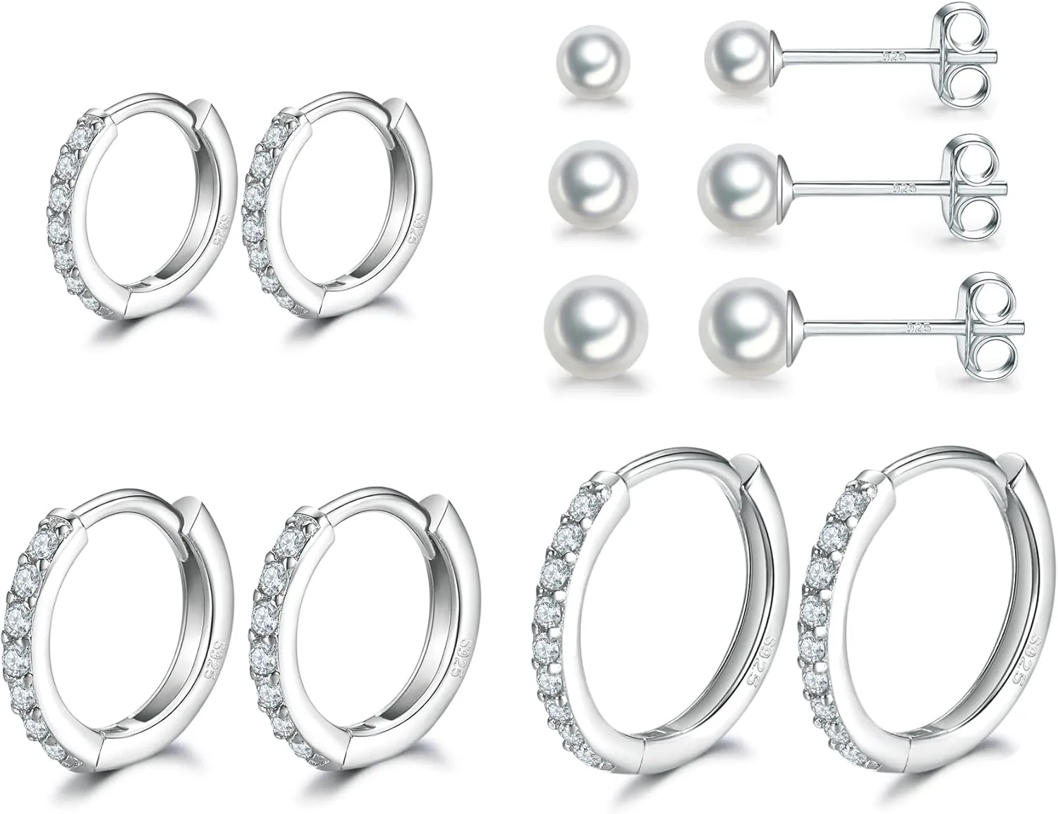 Dlihc Sterling Silver Hoop Earrings Sterling Silver Stud Earrings for Women 6 Pairs Hypoallergenic Tiny Cubic Zirconia Stud Set Cartilage Hoops