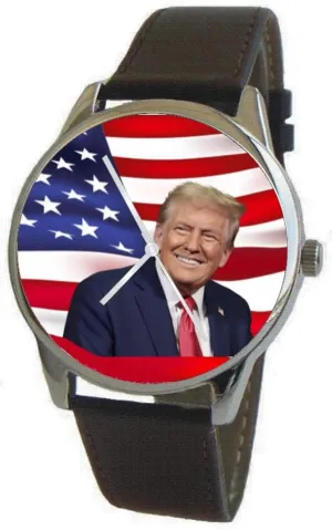 Donald J. Trump Mr. President On The Dial of The Large Polished Chrome Watch with A Black Leather Strap and Donation to TNC