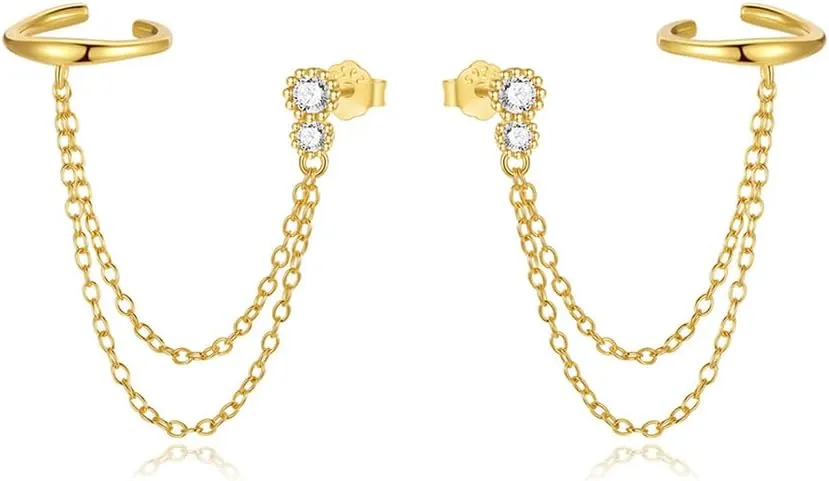 Double Layer Chain Ear Cuff Halo Round Cut CZ S925 Sterling Silver Stud Earrings for Women 14k Gold Plated Cartilage Clip on Huggie Hoops Climber Crawler Long Chain Dangle Drop Fashion Jewelry Bff