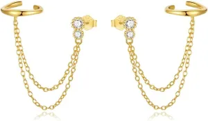 Double Layer Chain Ear Cuff Halo Round Cut CZ S925 Sterling Silver Stud Earrings for Women 14k Gold Plated Cartilage Clip on Huggie Hoops Climber Crawler Long Chain Dangle Drop Fashion Jewelry Bff