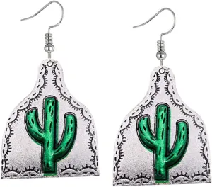 Dreuyet Western Earrings Antique Cactus Turquoise Earrings Handmade Ethnic Boho Earrings Retro Wooden Teardrop Western Dangle Earrings for Women Western Jewelry