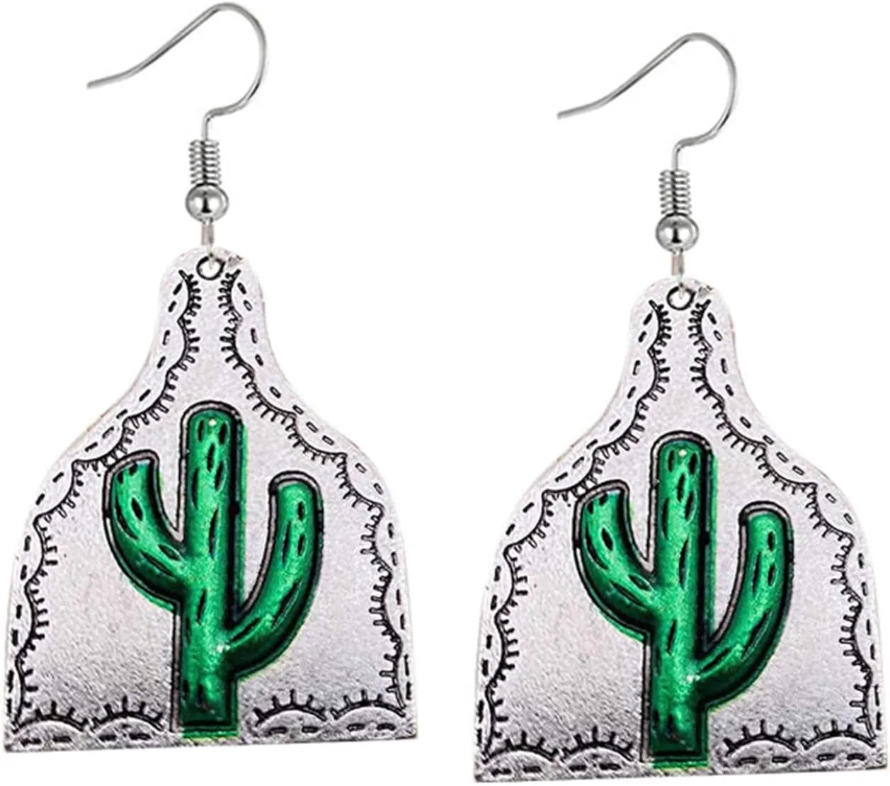 Dreuyet Western Earrings Antique Cactus Turquoise Earrings Handmade Ethnic Boho Earrings Retro Wooden Teardrop Western Dangle Earrings for Women Western Jewelry