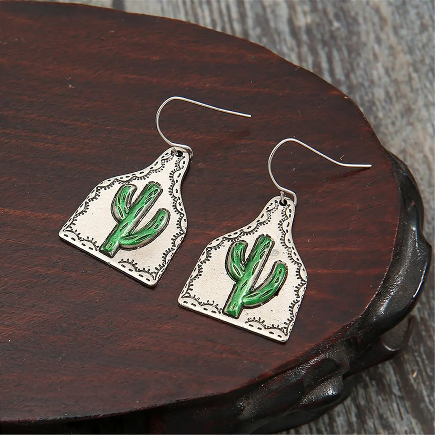 Dreuyet Western Earrings Antique Cactus Turquoise Earrings Handmade Ethnic Boho Earrings Retro Wooden Teardrop Western Dangle Earrings for Women Western Jewelry