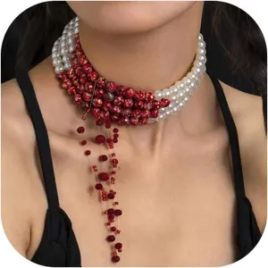 Dripping Blood Imitation Pearl Necklace for Women,Gothic Adjustable Blood Pearl Choker Necklace Punk Multilayered Beaded Tassel Necklace Halloween Jewelry Decorations