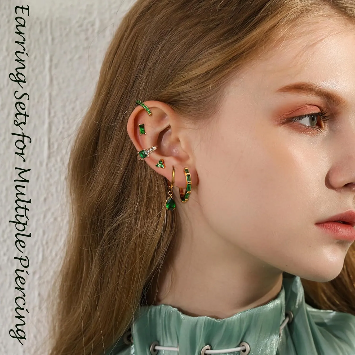 Earring Sets for Multiple Piercing Small Gold Earring Stack 14K Gold/Silver Plated Huggie Hoop Earrings for Women Hypoallergenic Cartilage Stud Gold and Green Earring Set