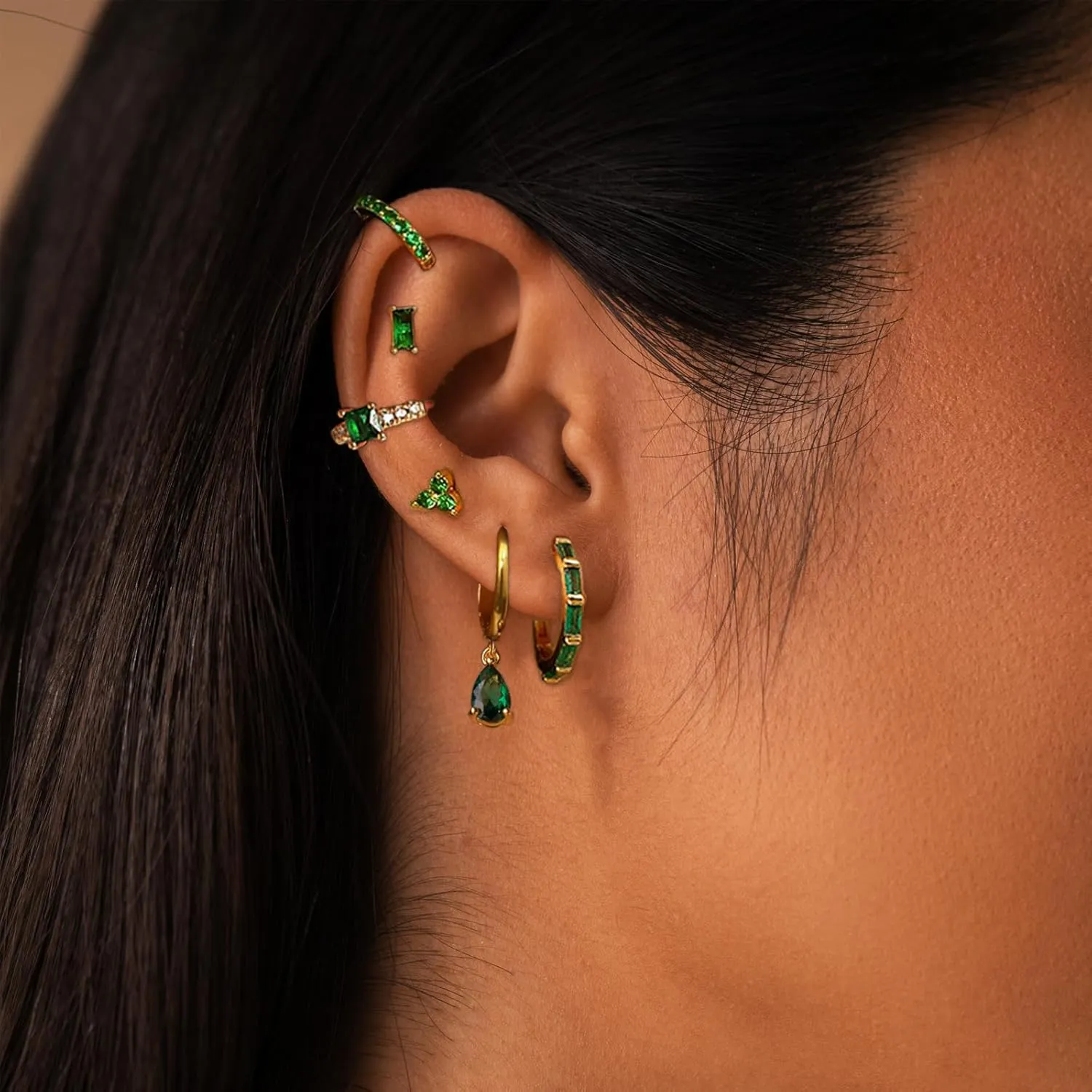 Earring Sets for Multiple Piercing Small Gold Earring Stack 14K Gold/Silver Plated Huggie Hoop Earrings for Women Hypoallergenic Cartilage Stud Gold and Green Earring Set