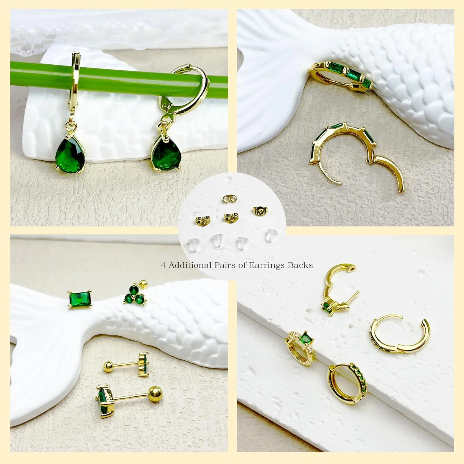 Earring Sets for Multiple Piercing Small Gold Earring Stack 14K Gold/Silver Plated Huggie Hoop Earrings for Women Hypoallergenic Cartilage Stud Gold and Green Earring Set