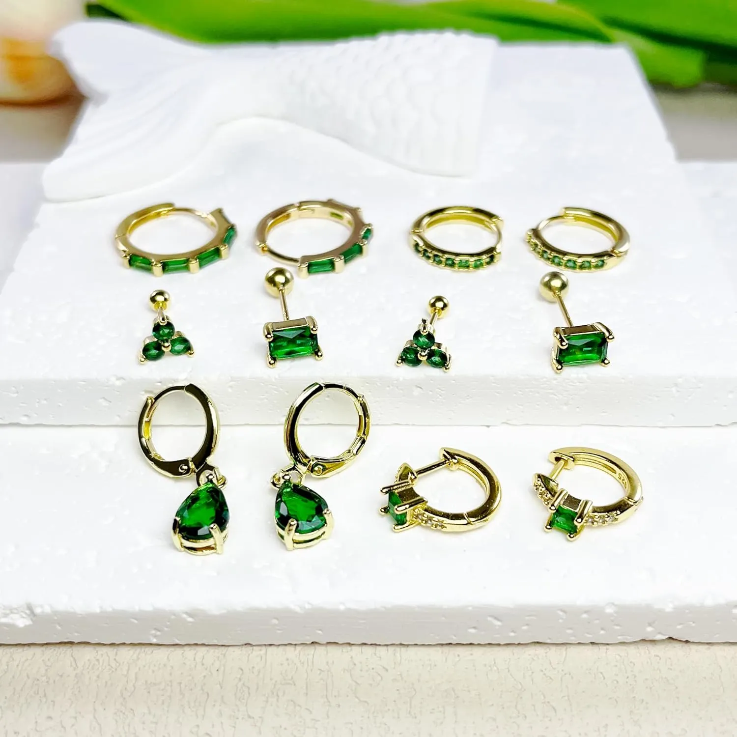 Earring Sets for Multiple Piercing Small Gold Earring Stack 14K Gold/Silver Plated Huggie Hoop Earrings for Women Hypoallergenic Cartilage Stud Gold and Green Earring Set