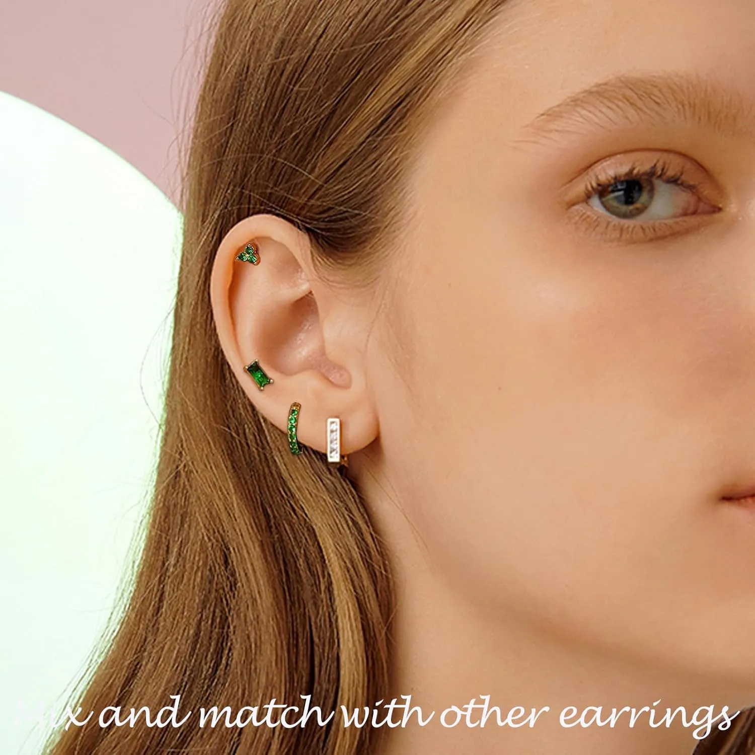 Earring Sets for Multiple Piercing Small Gold Earring Stack 14K Gold/Silver Plated Huggie Hoop Earrings for Women Hypoallergenic Cartilage Stud Gold and Green Earring Set