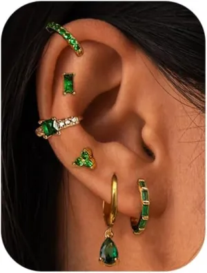 Earring Sets for Multiple Piercing Small Gold Earring Stack 14K Gold/Silver Plated Huggie Hoop Earrings for Women Hypoallergenic Cartilage Stud Gold and Green Earring Set