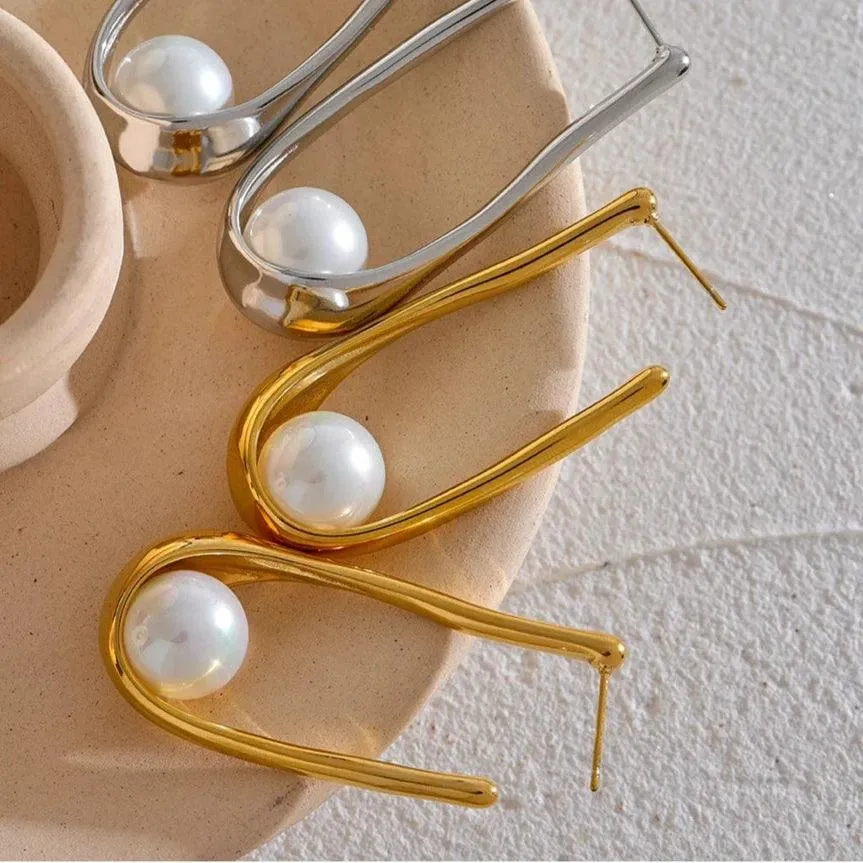 Earrings Charm Jewelry - Stainless Steel - Round Imitation Pearls - YH2574A