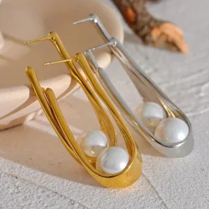 Earrings Charm Jewelry - Stainless Steel - Round Imitation Pearls - YH2574A