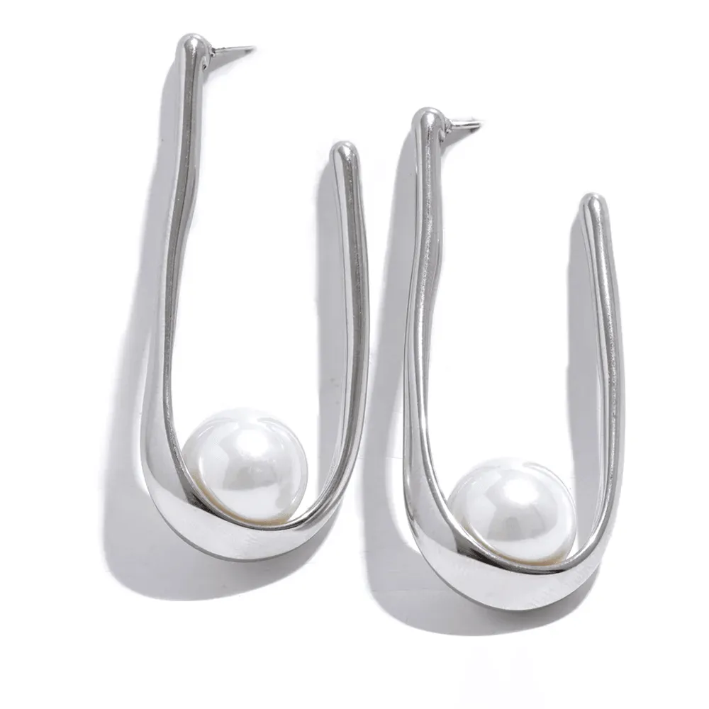 Earrings Charm Jewelry - Stainless Steel - Round Imitation Pearls - YH2574A