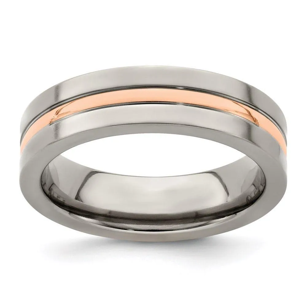 Edward Mirell Titanium and 14k Rose Gold Grooved 6mm Band