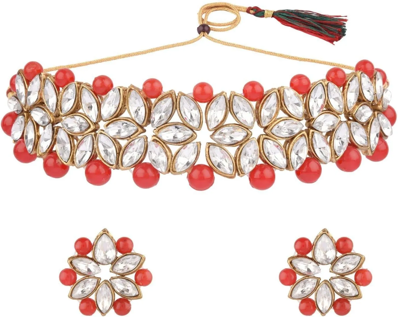 Efulgenz Faux Pearl Choker Indian Jewelry Sets for Women Crystal Kundan Pearl Necklace Set Beaded Faux Pearl Necklace Earrings Bollywood Fashion Jewelry Wedding Bridal Jewelry Set