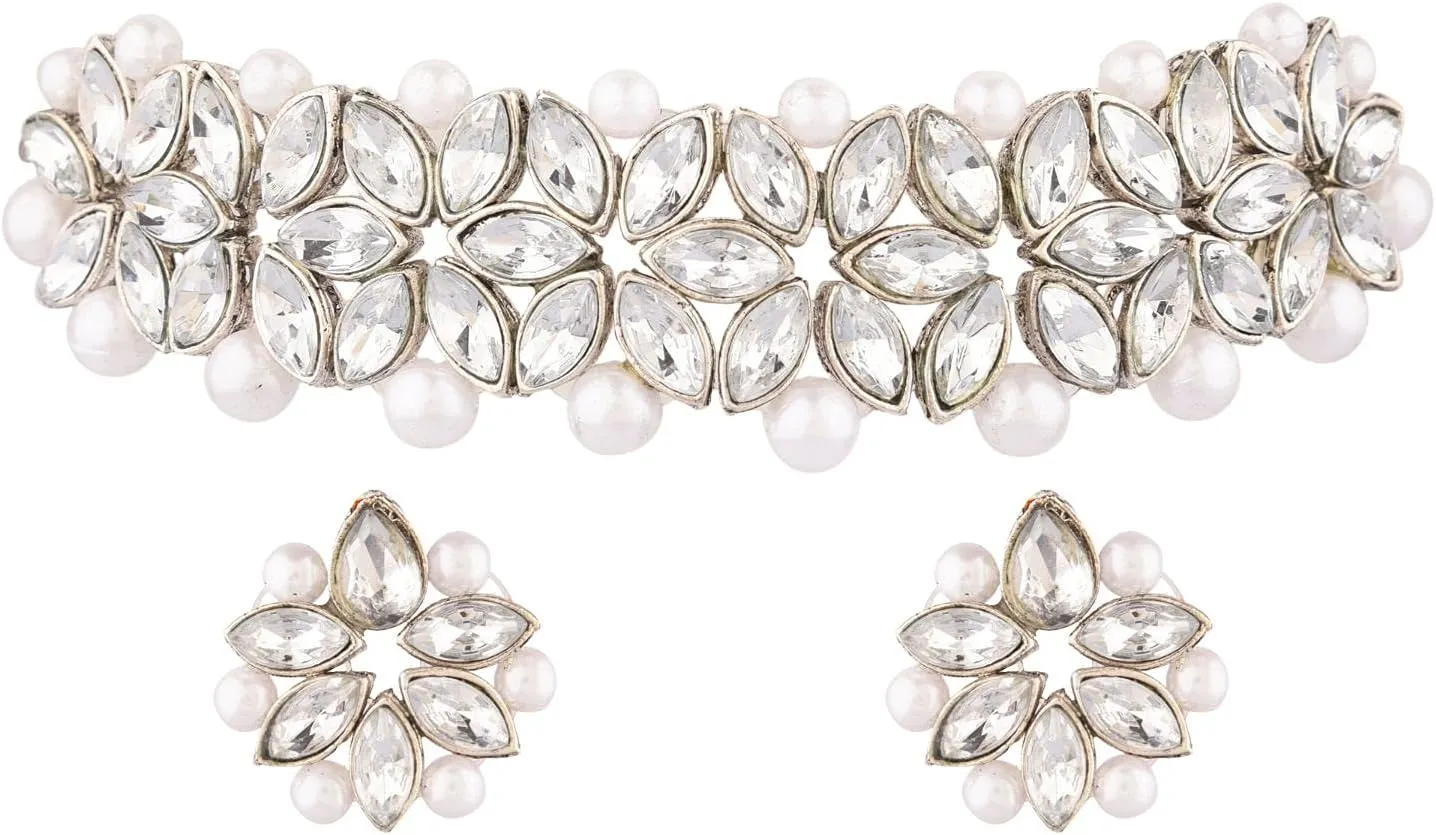 Efulgenz Faux Pearl Choker Indian Jewelry Sets for Women Crystal Kundan Pearl Necklace Set Beaded Faux Pearl Necklace Earrings Bollywood Fashion Jewelry Wedding Bridal Jewelry Set