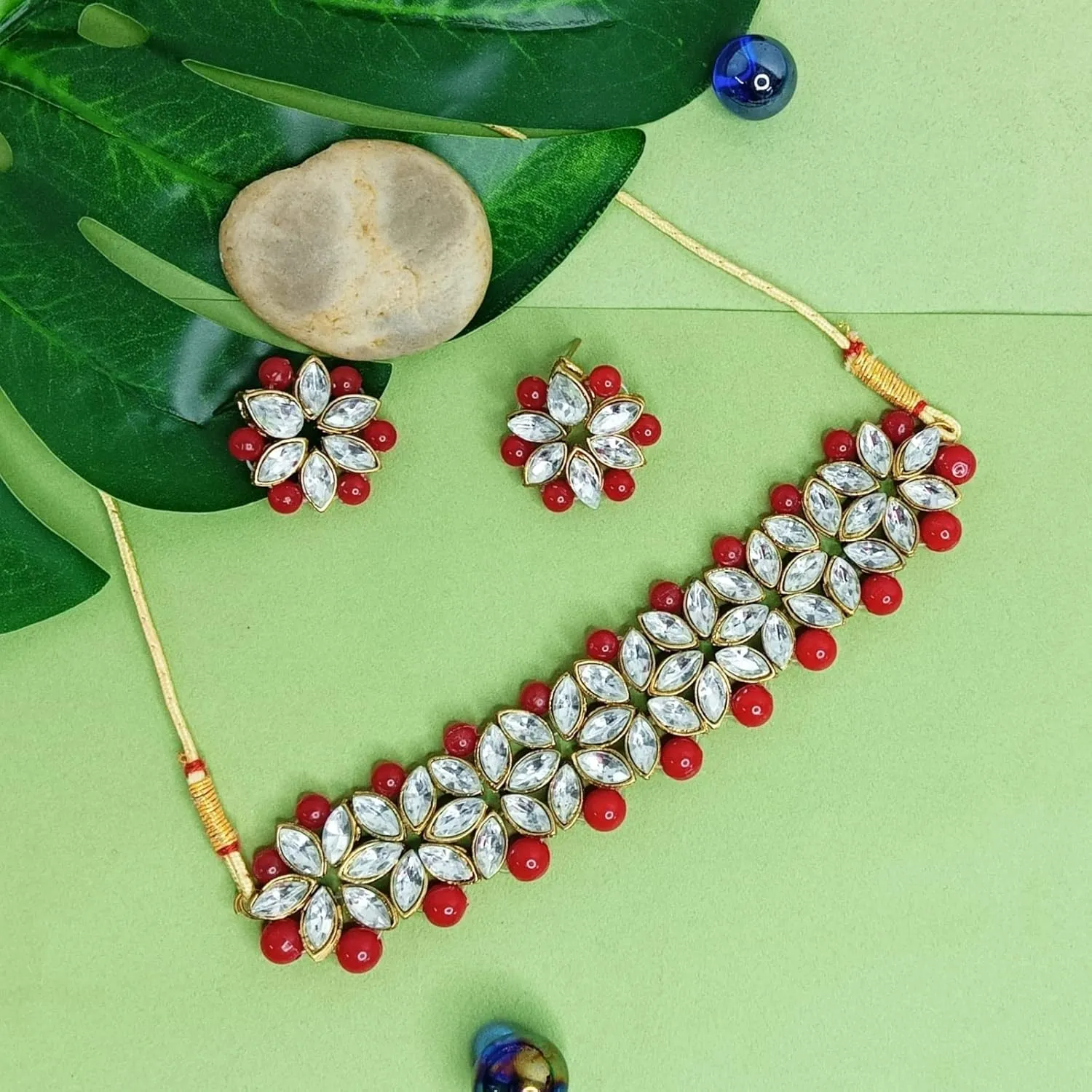 Efulgenz Faux Pearl Choker Indian Jewelry Sets for Women Crystal Kundan Pearl Necklace Set Beaded Faux Pearl Necklace Earrings Bollywood Fashion Jewelry Wedding Bridal Jewelry Set