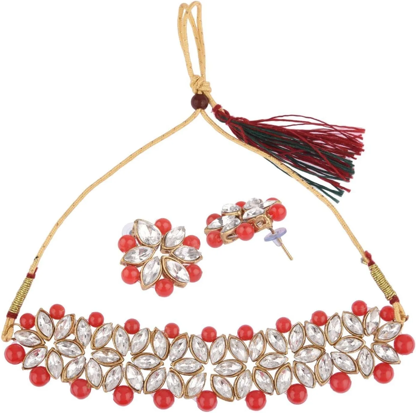 Efulgenz Faux Pearl Choker Indian Jewelry Sets for Women Crystal Kundan Pearl Necklace Set Beaded Faux Pearl Necklace Earrings Bollywood Fashion Jewelry Wedding Bridal Jewelry Set