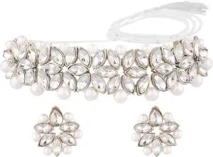 Efulgenz Faux Pearl Choker Indian Jewelry Sets for Women Crystal Kundan Pearl Necklace Set Beaded Faux Pearl Necklace Earrings Bollywood Fashion Jewelry Wedding Bridal Jewelry Set