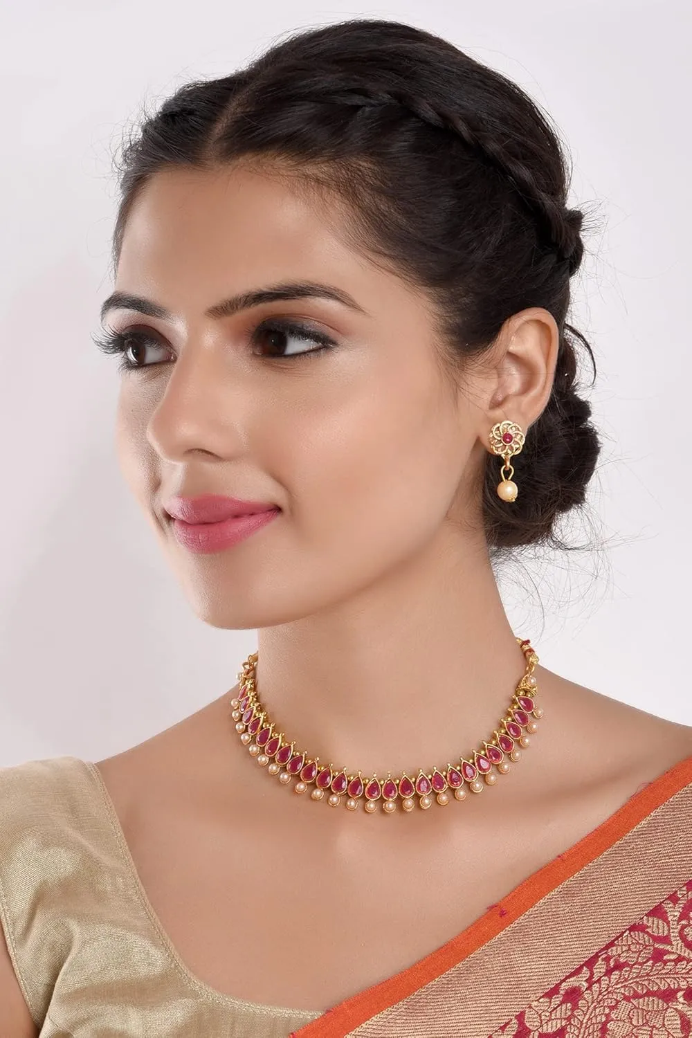 Efulgenz Indian Choker Sets Crystal Indian Jewelry Sets for Women Bollywood Faux Kundan Pearl Choker Necklace Earrings Set Wedding Jewelry for Women