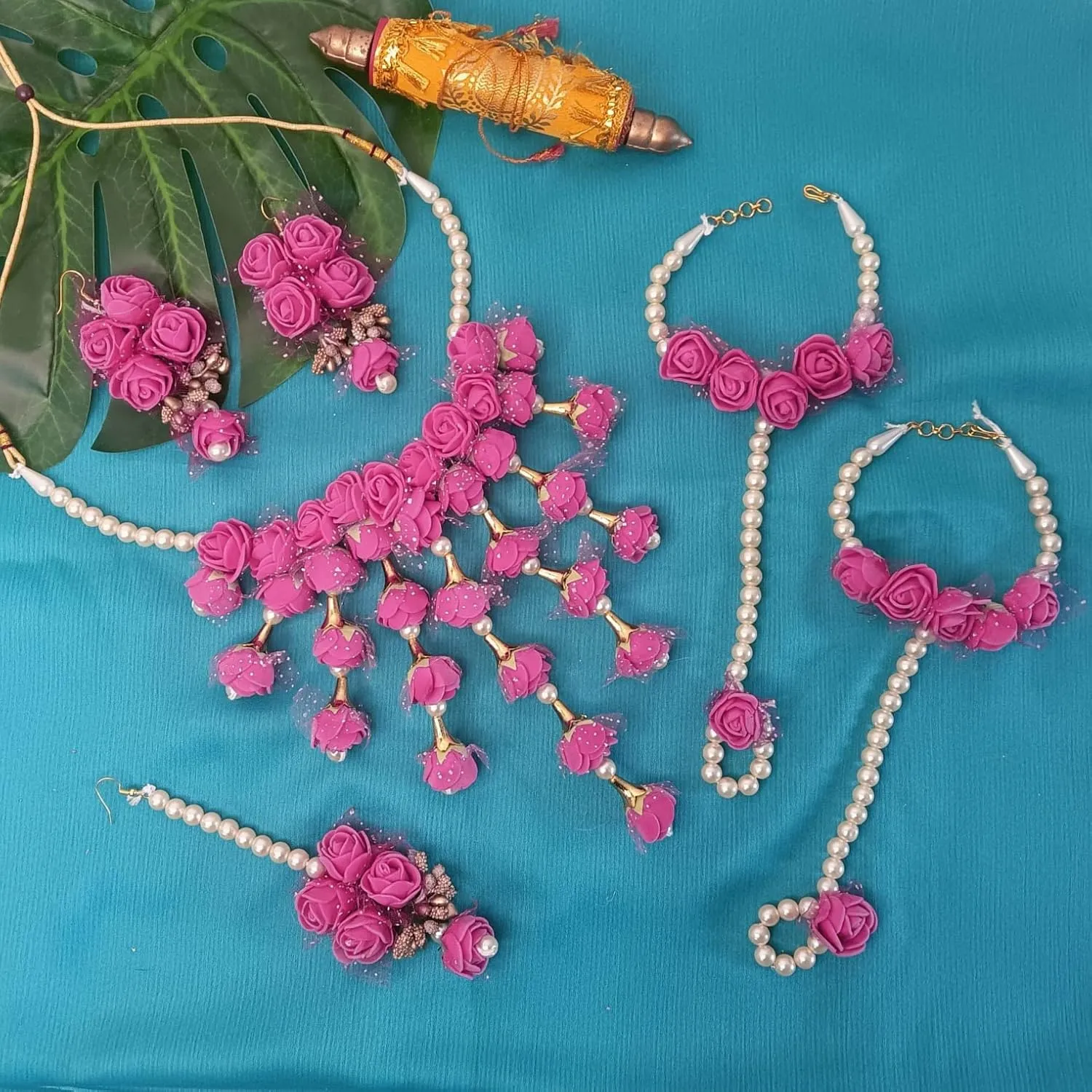 Efulgenz Indian Floral Haldi Mehandi Jewelry Set for Women Necklace Earrings Maangtikka Bracelet Set Flower Haldi Mehandi Jewelry Bollywood Bridal Wedding Jewelry